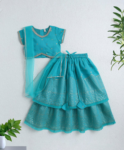 The Magic Wand Woven Half Sleeves Lace Foil Printed Lehenga and Choli with Dupatta Set- Blue