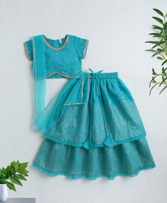 The Magic Wand Woven Half Sleeves Lace Foil Printed Lehenga and Choli with Dupatta Set- Blue