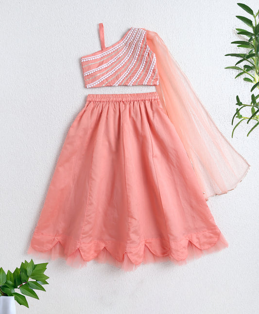 The Magic Wand Woven One Shoulder Choli and Lehenga with attach Dupatta Set Peach