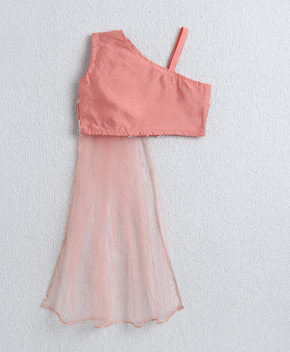 The Magic Wand Woven One Shoulder Choli and Lehenga with attach Dupatta Set Peach