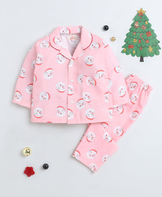 Christmas Theme Rayon Woven Full Sleeves Santa Printed Coordinating Night Suit Set-Pink