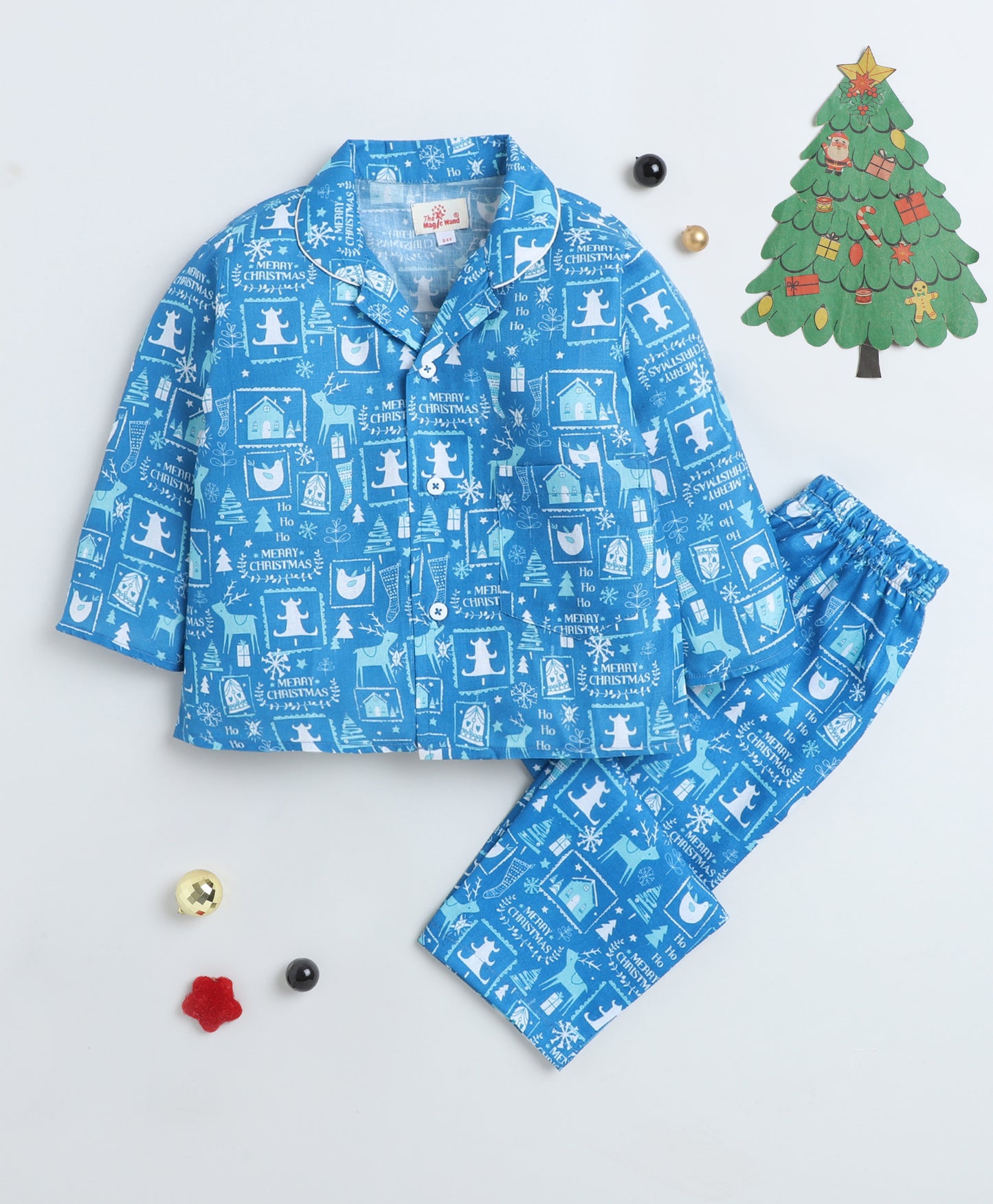 The Magic Wand Christmas Theme Woven Full Sleeves Printed Coordinating Night Suit Set-Blue