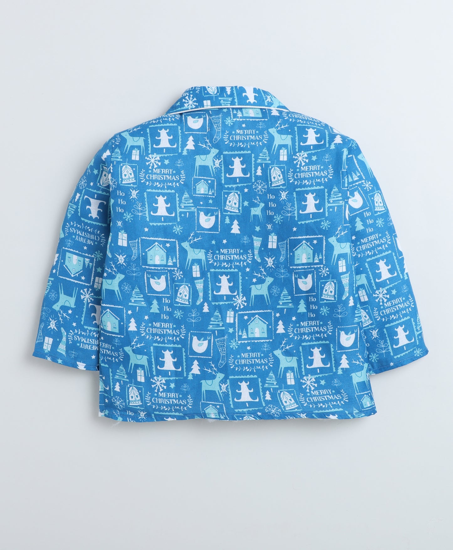 The Magic Wand Christmas Theme Woven Full Sleeves Printed Coordinating Night Suit Set-Blue