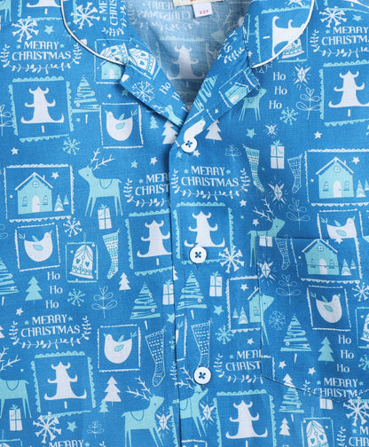 The Magic Wand Christmas Theme Woven Full Sleeves Printed Coordinating Night Suit Set-Blue