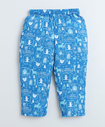 The Magic Wand Christmas Theme Woven Full Sleeves Printed Coordinating Night Suit Set-Blue