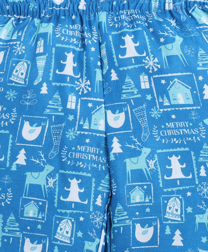 The Magic Wand Christmas Theme Woven Full Sleeves Printed Coordinating Night Suit Set-Blue