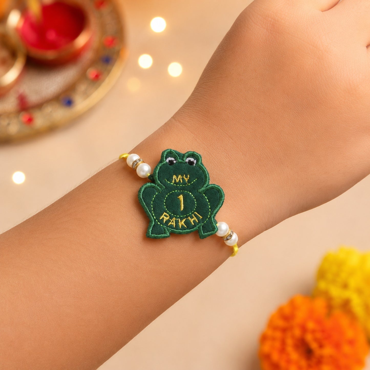 The Magic Wand Trendy Frog Applique My First Rakhi - Bottle Green