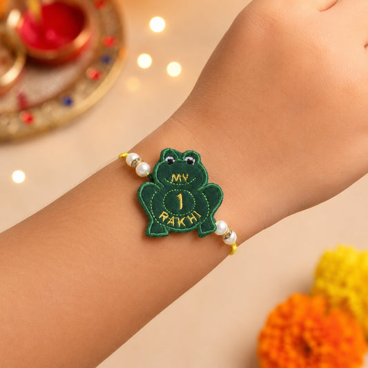 The Magic Wand Trendy Frog Applique My First Rakhi - Bottle Green