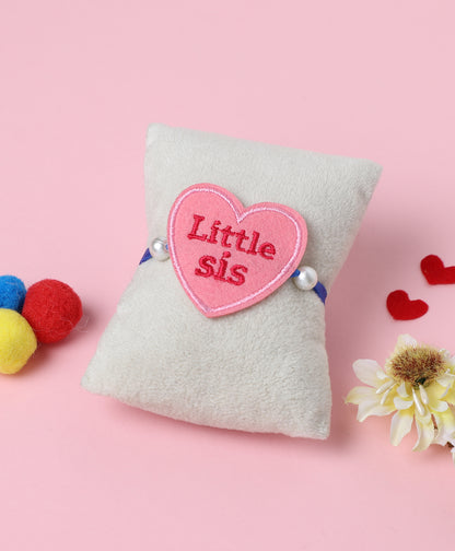 The Magic Wand Little Sis Embroidered Heart Shaped Patch Rakhi - Pink
