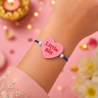 The Magic Wand Little Sis Embroidered Heart Shaped Patch Rakhi - Pink