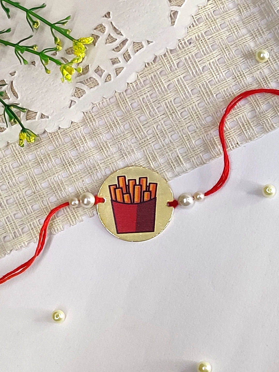 The Magic Wand French Fries Printed Golden Rakhi - Maroon