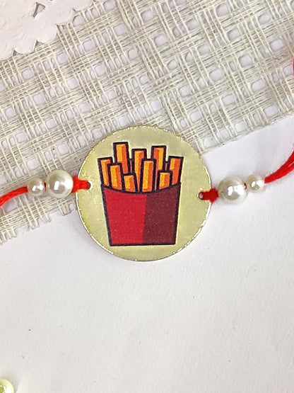 The Magic Wand French Fries Printed Golden Rakhi - Maroon