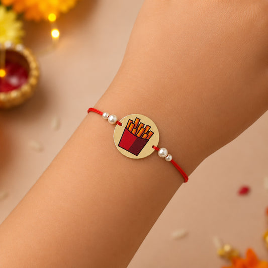 The Magic Wand Trendy Frech Fries Printed Golden Rakhi With Pearls Embelishment-Maroon