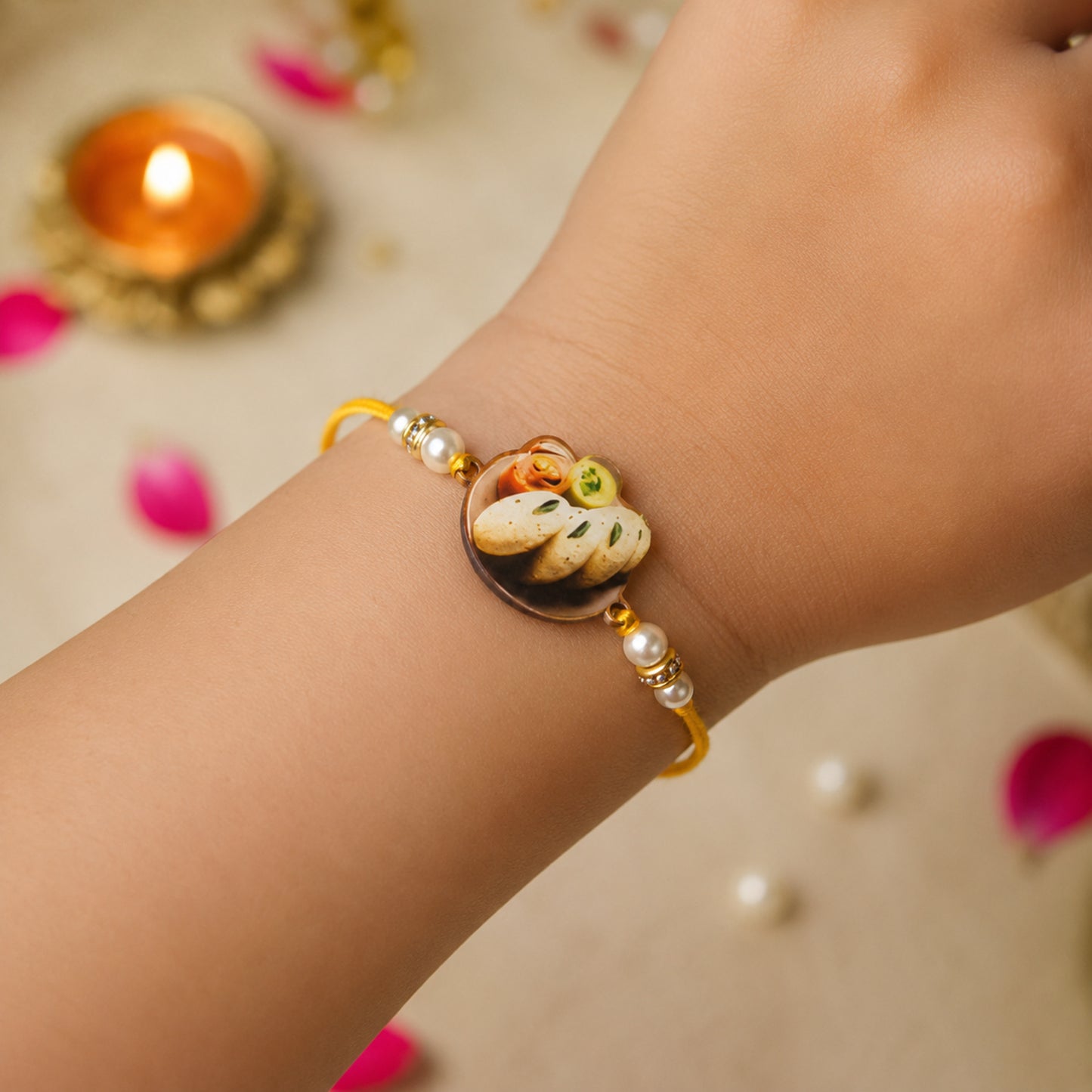 The Magic Wand Trendy Quirky Idli Wooden Rakhi With Pearls Embelishement-Multi