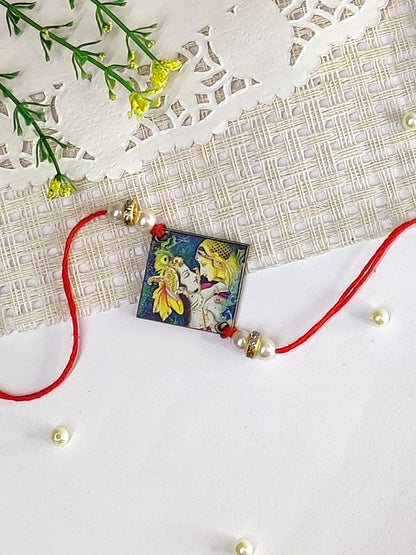 The Magic Wand Radha Krishna Wooden Rakhi With Pearls -Green