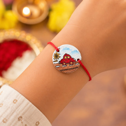The Magic Wand Trendy Car Hand Painted Wooden Rakhi For Kids-Multi