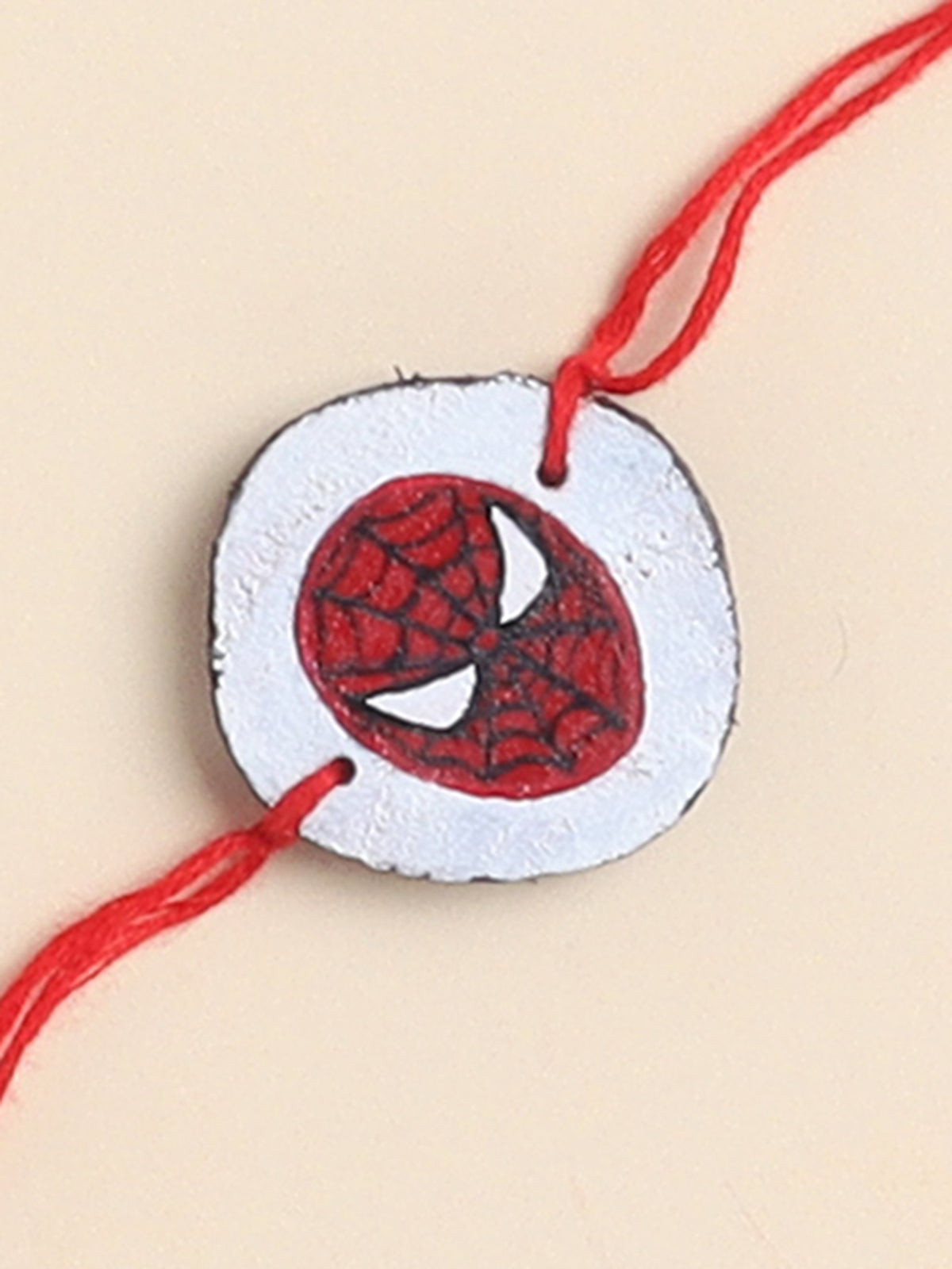 The Magic Wand Trendy Spiderman Face Hand Painted Wooden Rakhi For Kids-Red