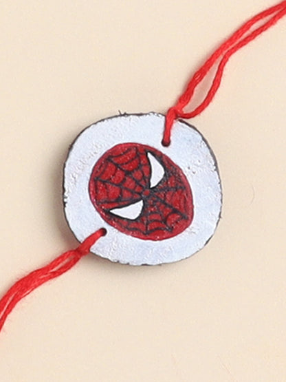 The Magic Wand Trendy Spiderman Face Hand Painted Wooden Rakhi For Kids-Red
