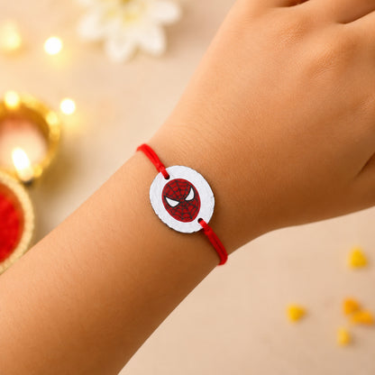 The Magic Wand Trendy Spiderman Face Hand Painted Wooden Rakhi For Kids-Red