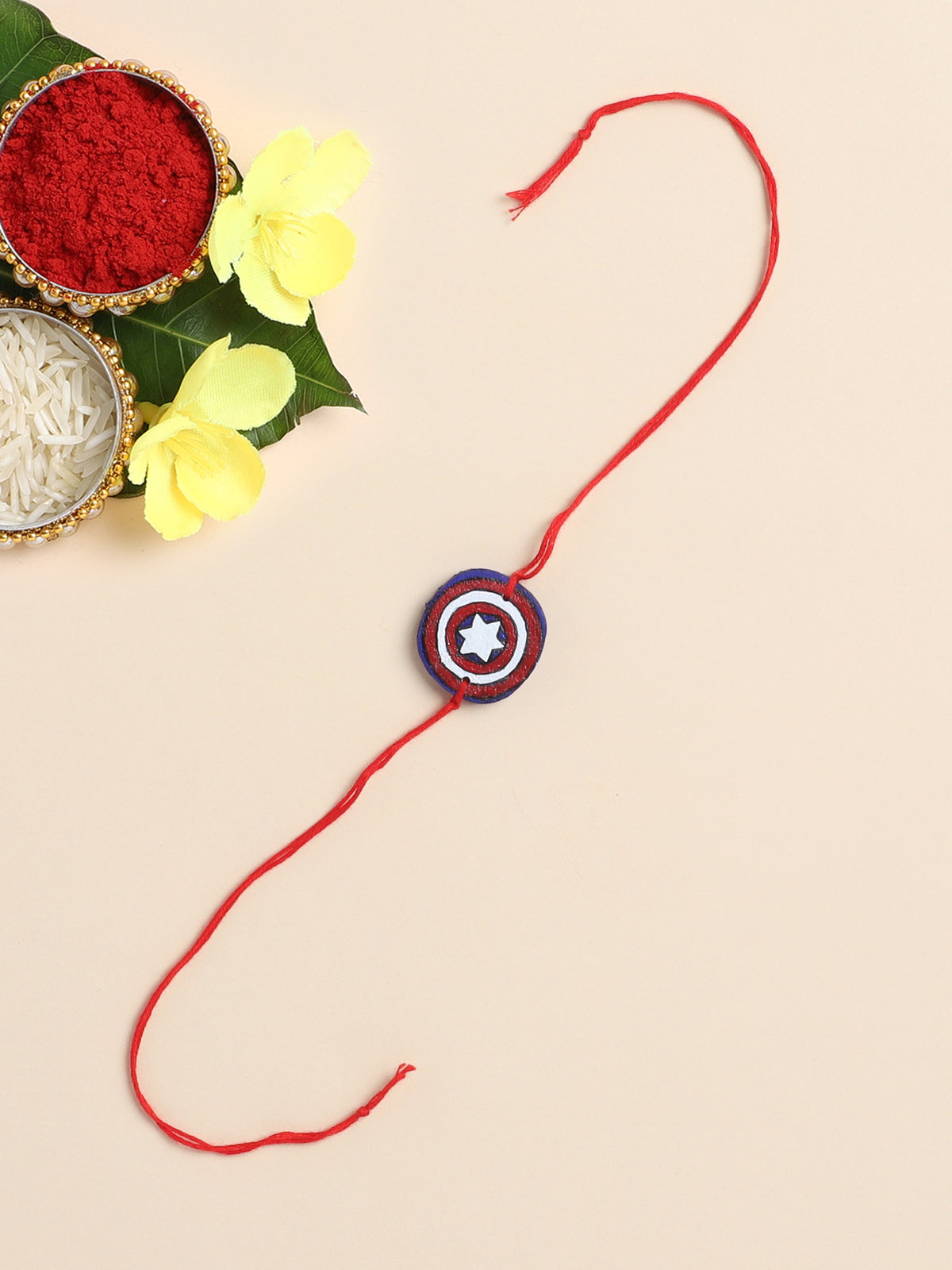 The Magic Wand Trendy Captain America Hand Painted Wooden Rakhi For Kids-Multi