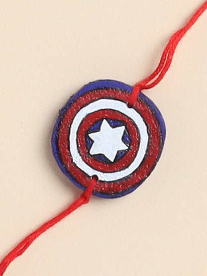The Magic Wand Trendy Captain America Hand Painted Wooden Rakhi For Kids-Multi
