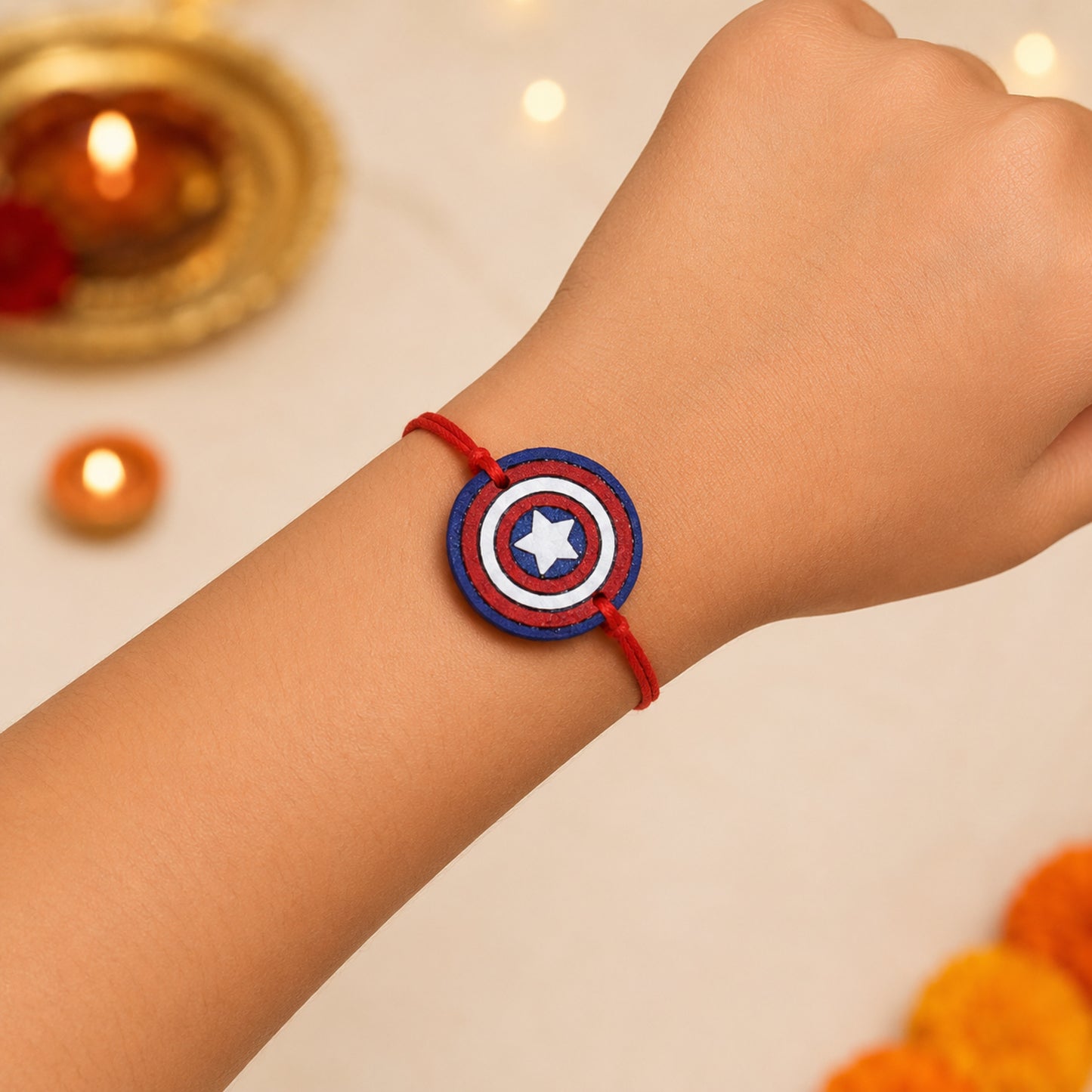 The Magic Wand Trendy Captain America Hand Painted Wooden Rakhi For Kids-Multi