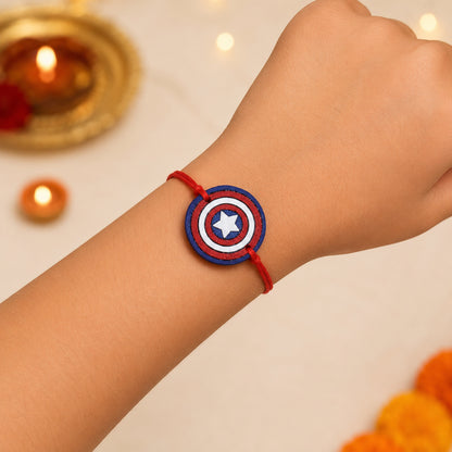 The Magic Wand Trendy Captain America Hand Painted Wooden Rakhi For Kids-Multi