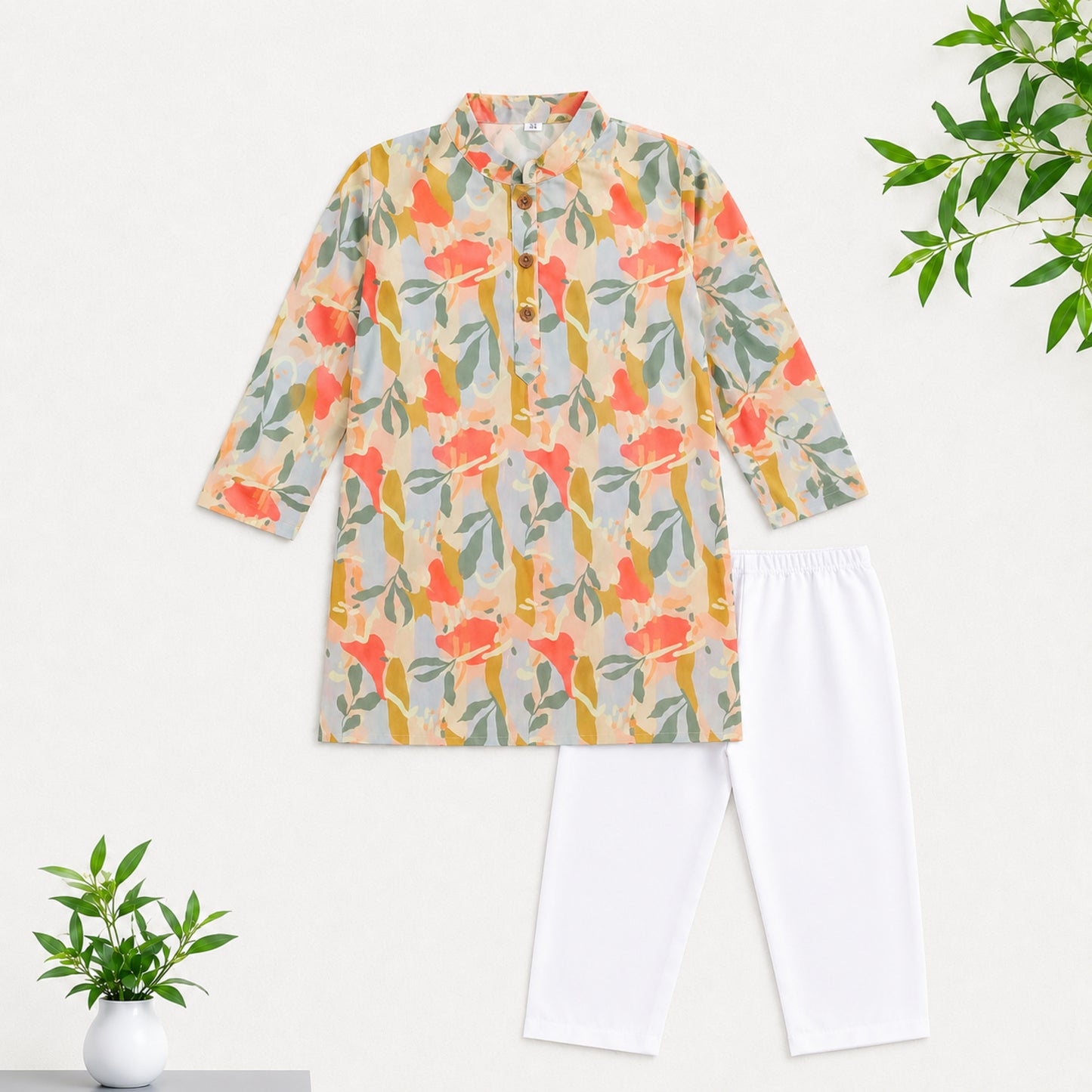 The Magic Wand Woven Full Sleeves Abstract Floral Printed Kurta And Pyjama Set - Multicolor