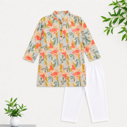 The Magic Wand Woven Full Sleeves Abstract Floral Printed Kurta And Pyjama Set - Multicolor