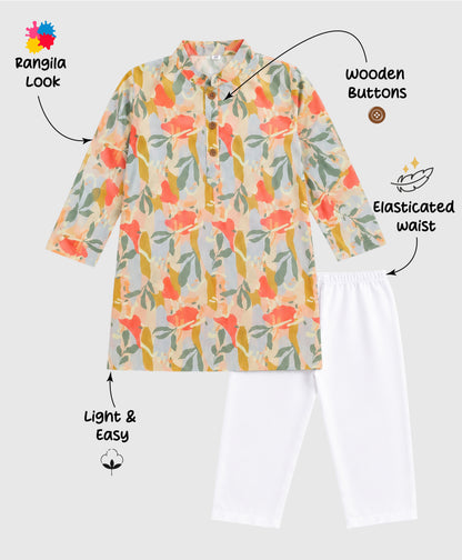 The Magic Wand Woven Full Sleeves Abstract Floral Printed Kurta And Pyjama Set - Multicolor