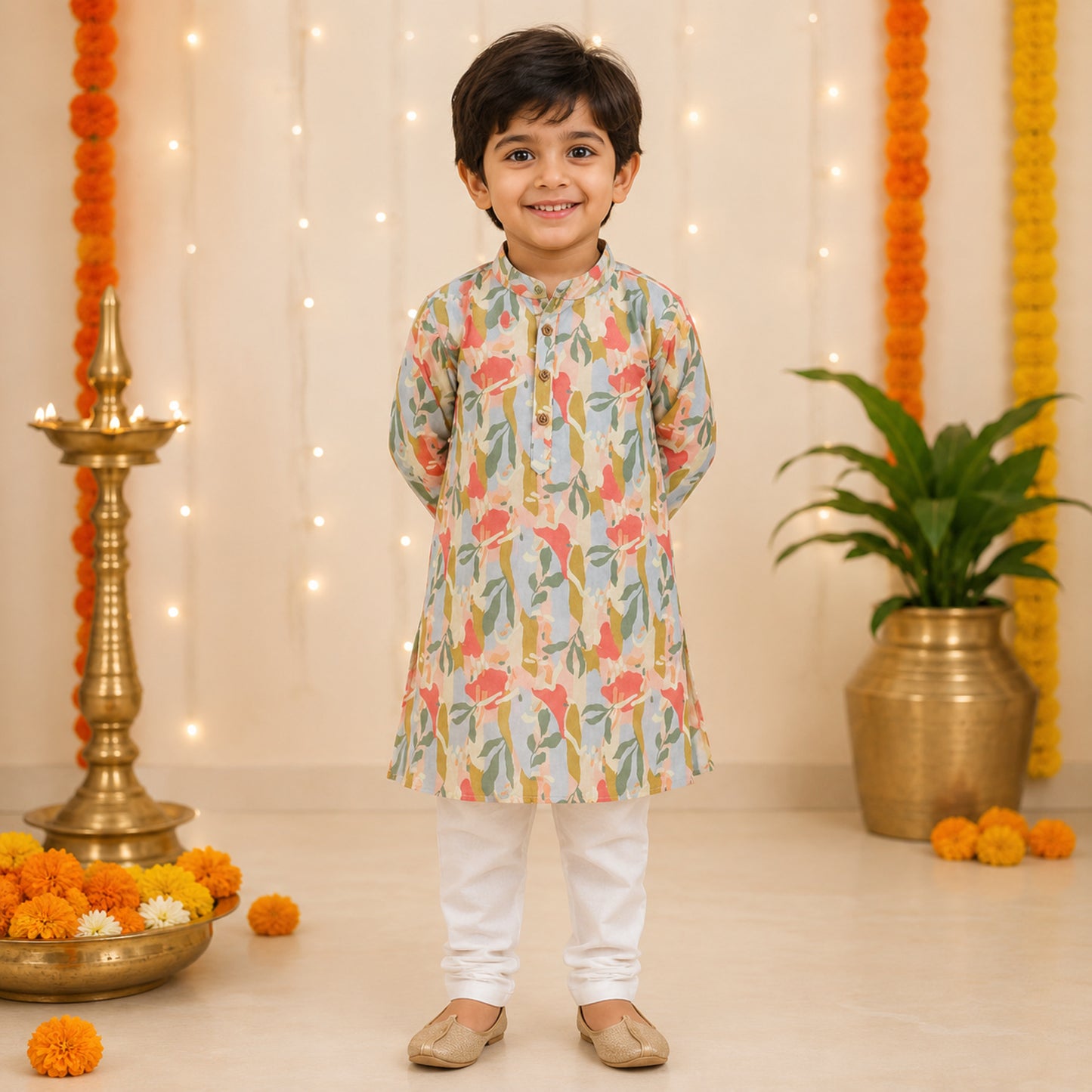 The Magic Wand Woven Full Sleeves Abstract Floral Printed Kurta And Pyjama Set - Multicolor