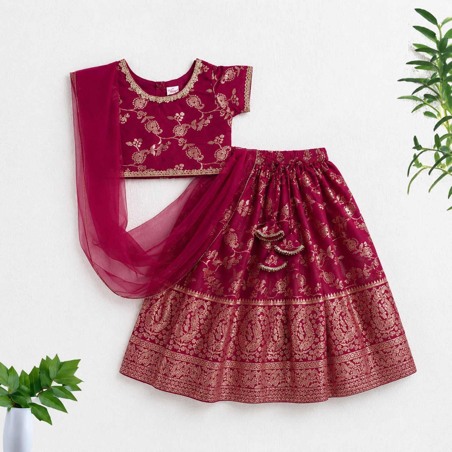 The Magic Wand Jacquard Woven Half Sleeves Floral Printed Laced Lehenga Choli With Dupatta Set - Fuchsia