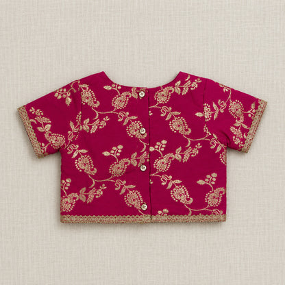 The Magic Wand Jacquard Woven Half Sleeves Floral Printed Laced Lehenga Choli With Dupatta Set - Fuchsia