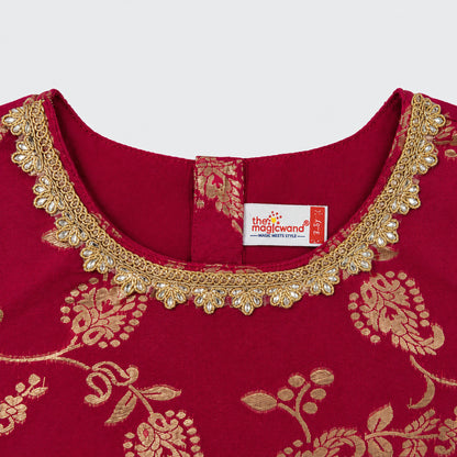 The Magic Wand Jacquard Woven Half Sleeves Floral Printed Laced Lehenga Choli With Dupatta Set - Fuchsia