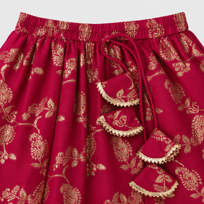 The Magic Wand Jacquard Woven Half Sleeves Floral Printed Laced Lehenga Choli With Dupatta Set - Fuchsia