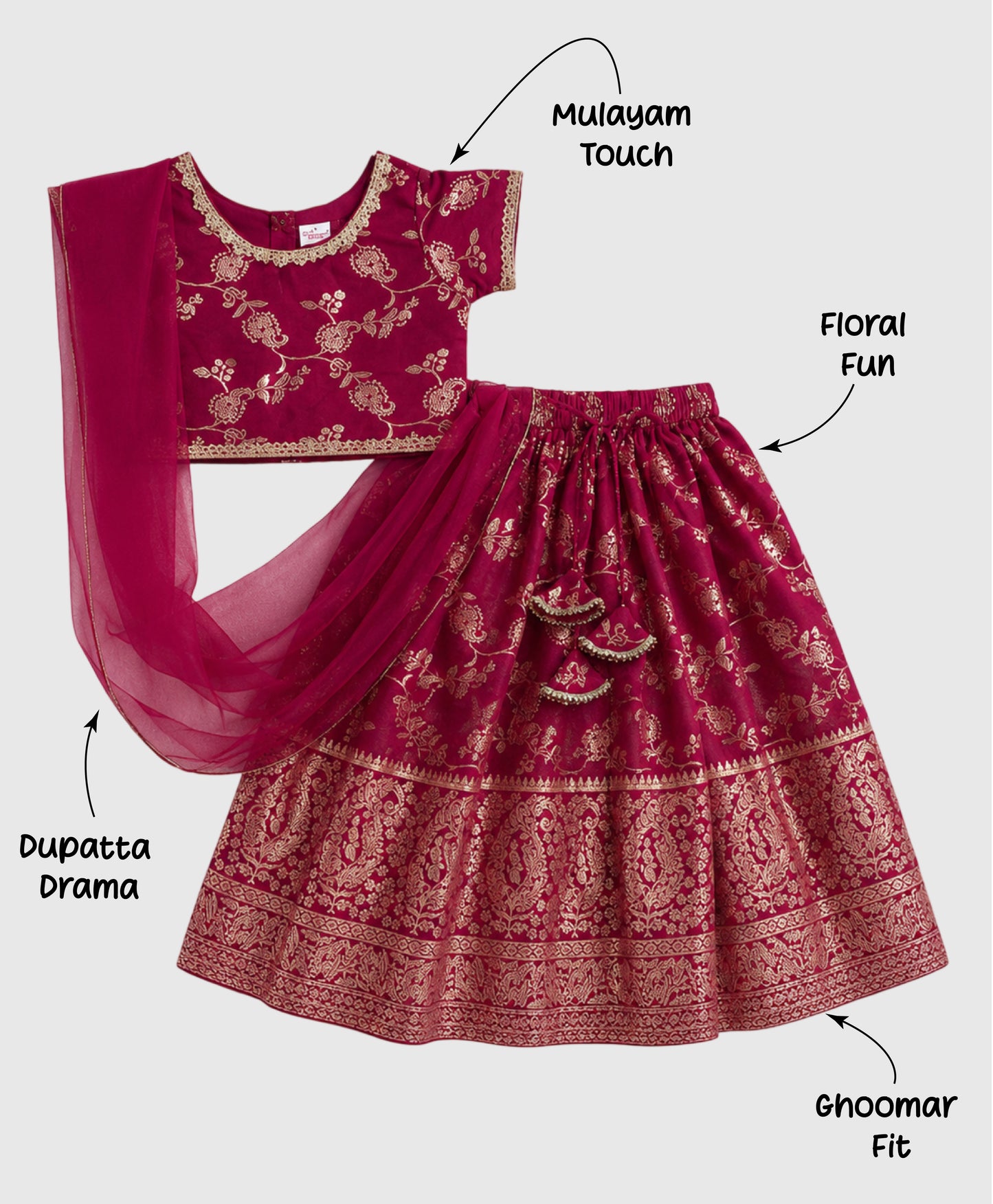 The Magic Wand Jacquard Woven Half Sleeves Floral Printed Laced Lehenga Choli With Dupatta Set - Fuchsia