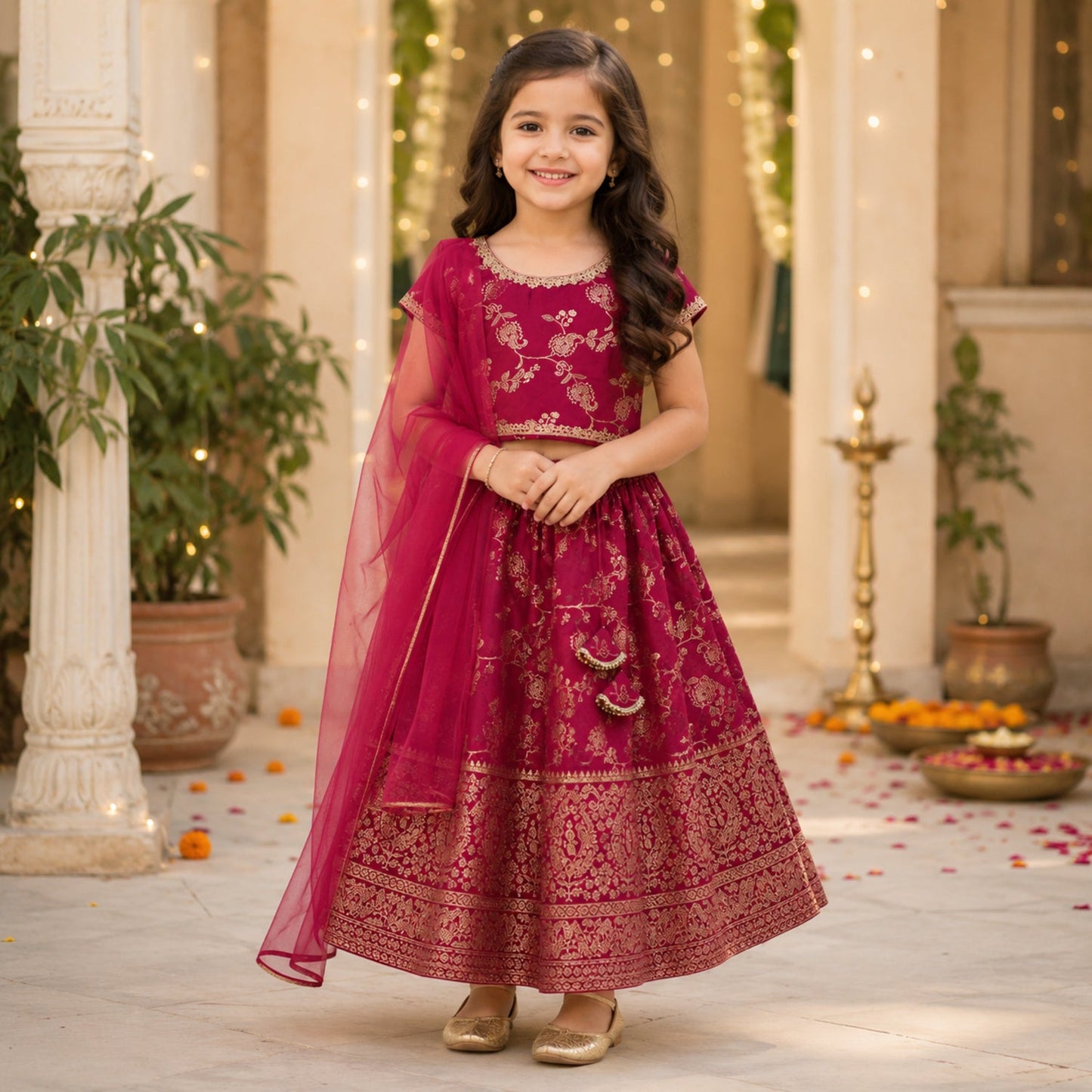 The Magic Wand Jacquard Woven Half Sleeves Floral Printed Laced Lehenga Choli With Dupatta Set - Fuchsia