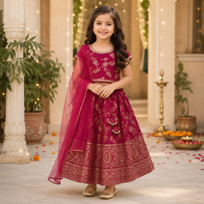The Magic Wand Jacquard Woven Half Sleeves Floral Printed Laced Lehenga Choli With Dupatta Set - Fuchsia