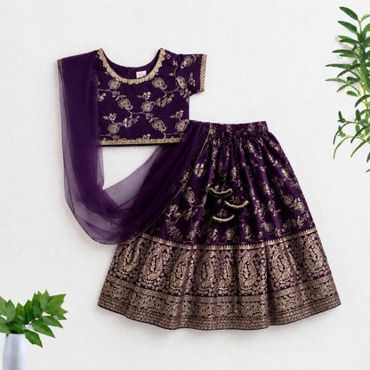 The Magic Wand Jacquard Woven Half Sleeve Floral Printed Laced Lehenga Choli With Dupatta Set - Purple