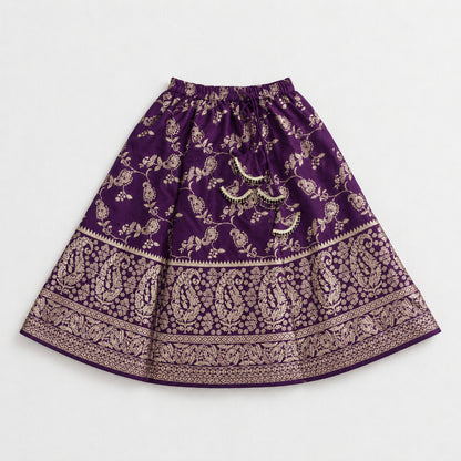 The Magic Wand Jacquard Woven Half Sleeve Floral Printed Laced Lehenga Choli With Dupatta Set - Purple