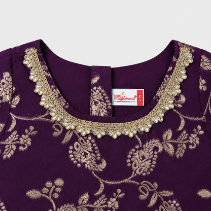 The Magic Wand Jacquard Woven Half Sleeve Floral Printed Laced Lehenga Choli With Dupatta Set - Purple
