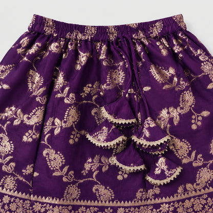 The Magic Wand Jacquard Woven Half Sleeve Floral Printed Laced Lehenga Choli With Dupatta Set - Purple