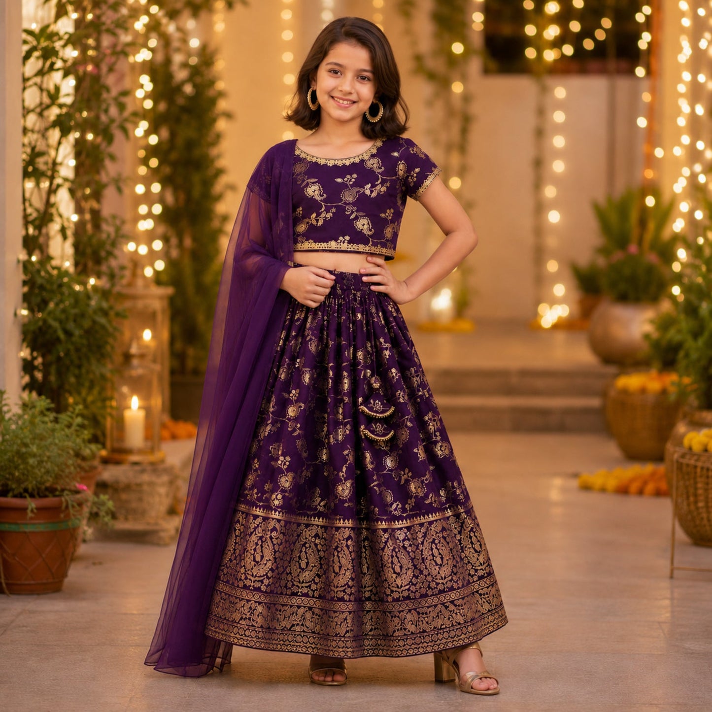 The Magic Wand Jacquard Woven Half Sleeve Floral Printed Laced Lehenga Choli With Dupatta Set - Purple