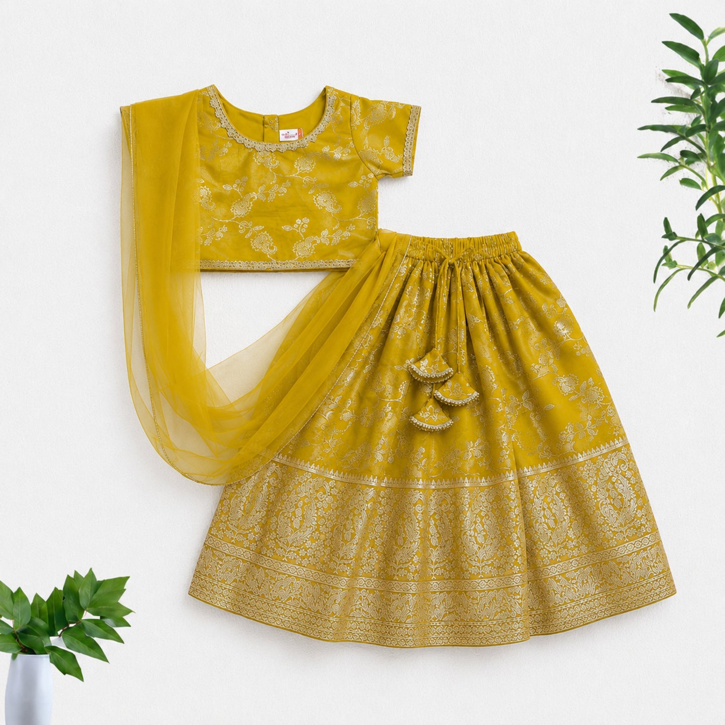 The Magic Wand Jacquard Woven Half Sleeve Floral Printed Laced Lehenga Choli With Dupatta Set - Yellow