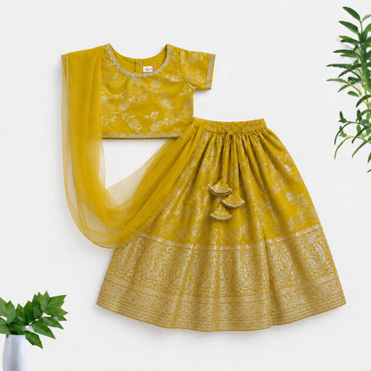 The Magic Wand Jacquard Woven Half Sleeve Floral Printed Laced Lehenga Choli With Dupatta Set - Yellow