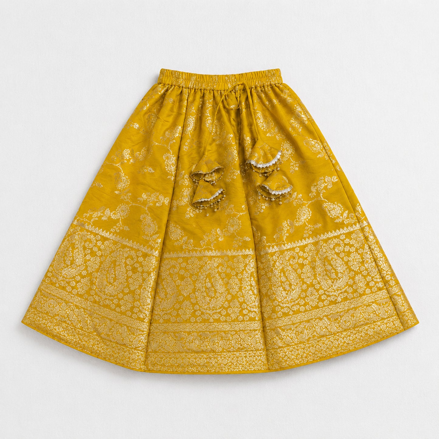 The Magic Wand Jacquard Woven Half Sleeve Floral Printed Laced Lehenga Choli With Dupatta Set - Yellow