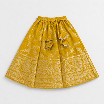 The Magic Wand Jacquard Woven Half Sleeve Floral Printed Laced Lehenga Choli With Dupatta Set - Yellow