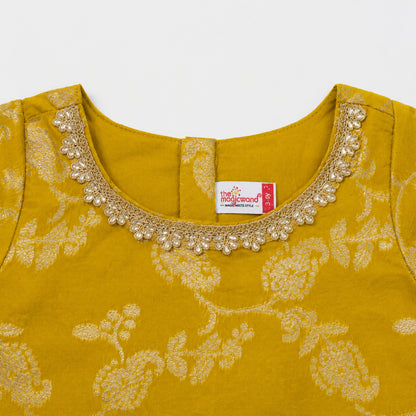 The Magic Wand Jacquard Woven Half Sleeve Floral Printed Laced Lehenga Choli With Dupatta Set - Yellow
