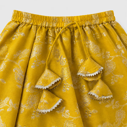 The Magic Wand Jacquard Woven Half Sleeve Floral Printed Laced Lehenga Choli With Dupatta Set - Yellow