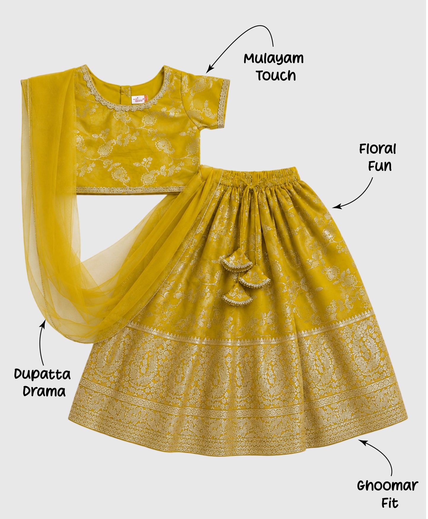 The Magic Wand Jacquard Woven Half Sleeve Floral Printed Laced Lehenga Choli With Dupatta Set - Yellow
